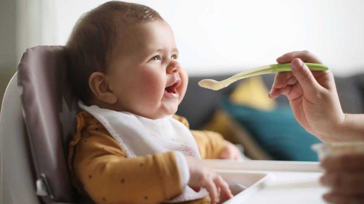 A 6 month old baby girl eating her meal.