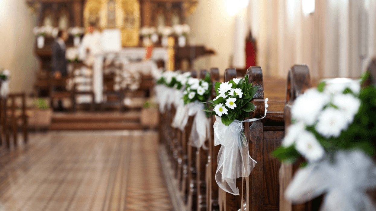 A church decorated for a wedding.