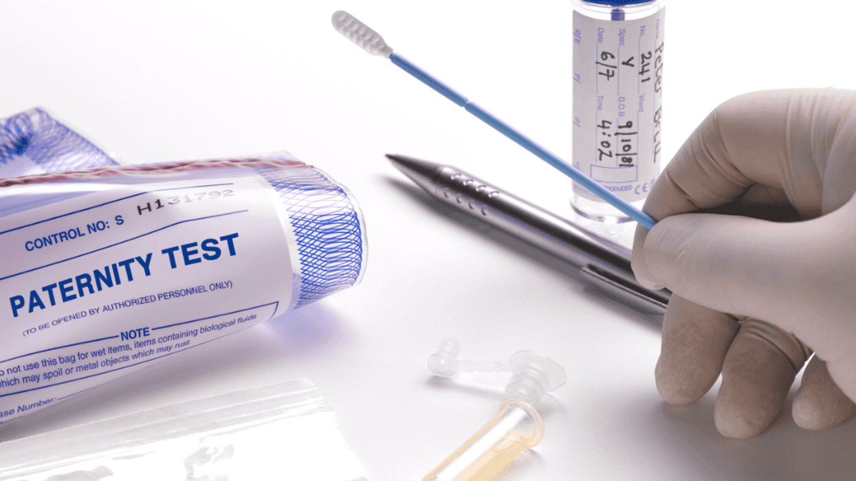 A gloved hand holding a swab over a paternity test.
