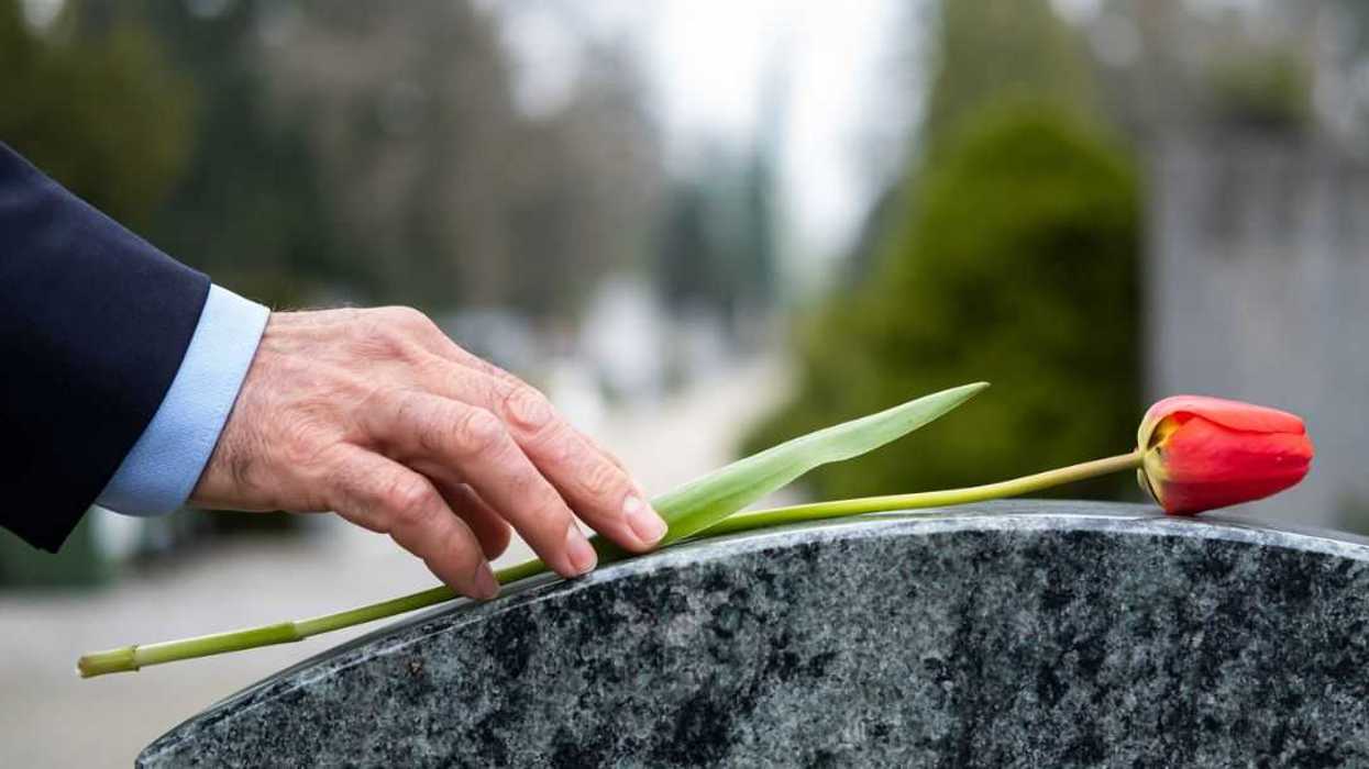 A man's hand Rlays a red flower on tombstone at cemetery.