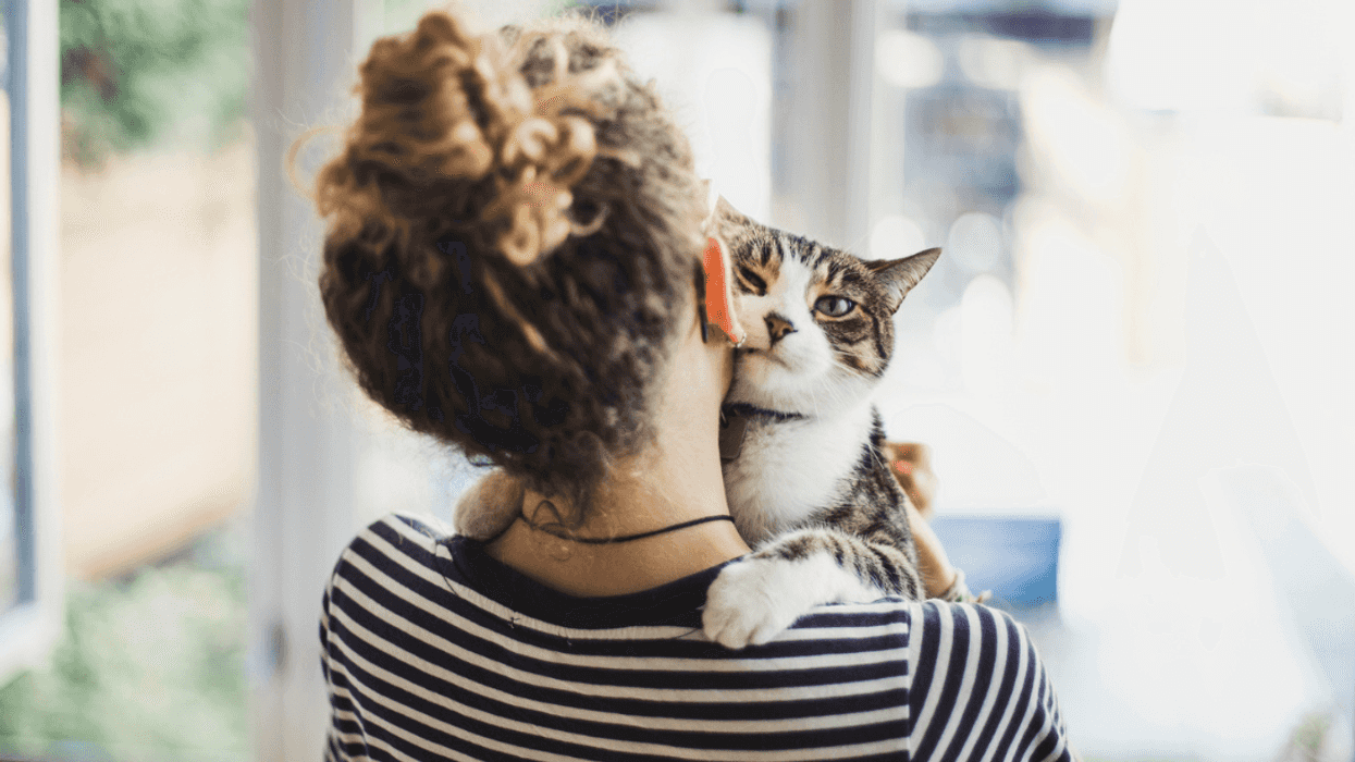 A woman hugging a cat.