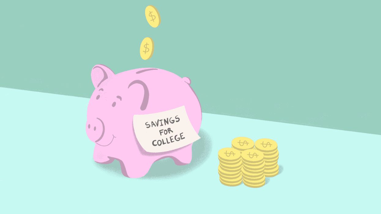 An illustration of a piggy bank with coins falling into it with a "savings for college" note on the front.
