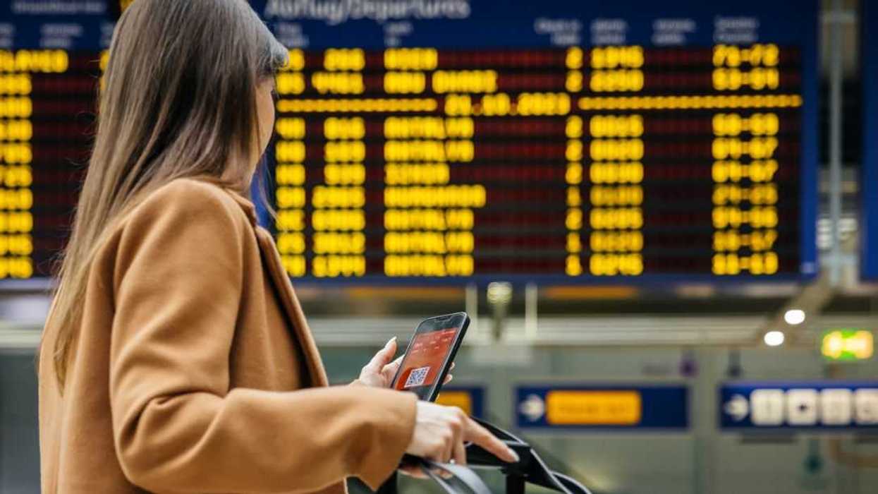Back shot of a woman traveler checks her mobile phone in front of the airport's flight information board, preparing for her upcoming solo journey.