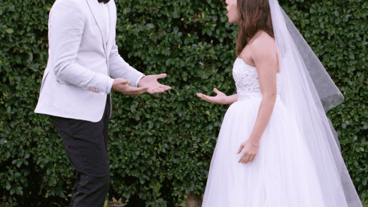 Bride and groom arguing before wedding