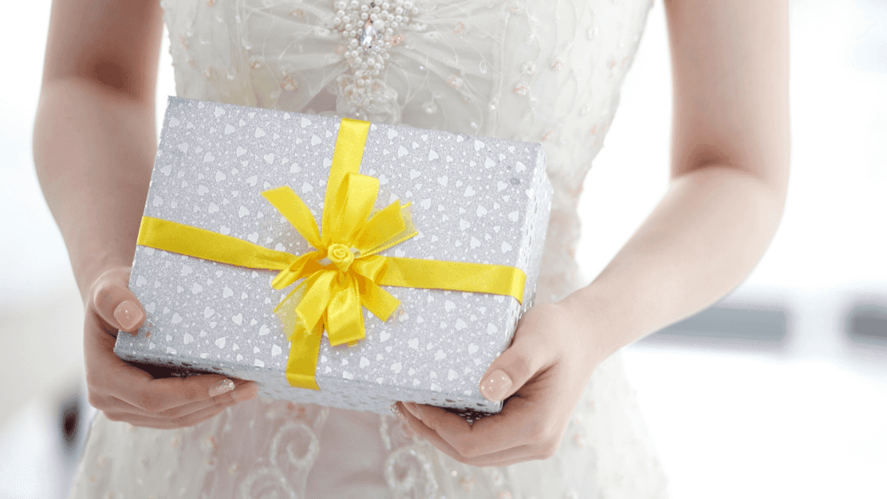 Bride holding a wedding gift