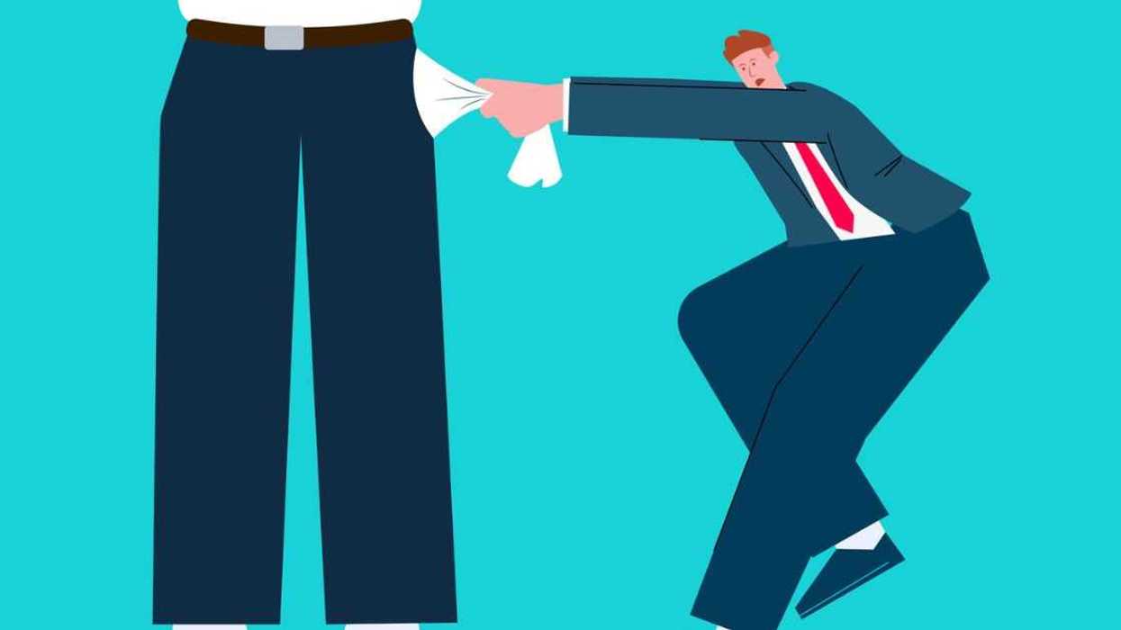 Cartoon picture of a small businessman pulling on the pockets of giants, the penniless, the poor, the bankrupt or unemployed.