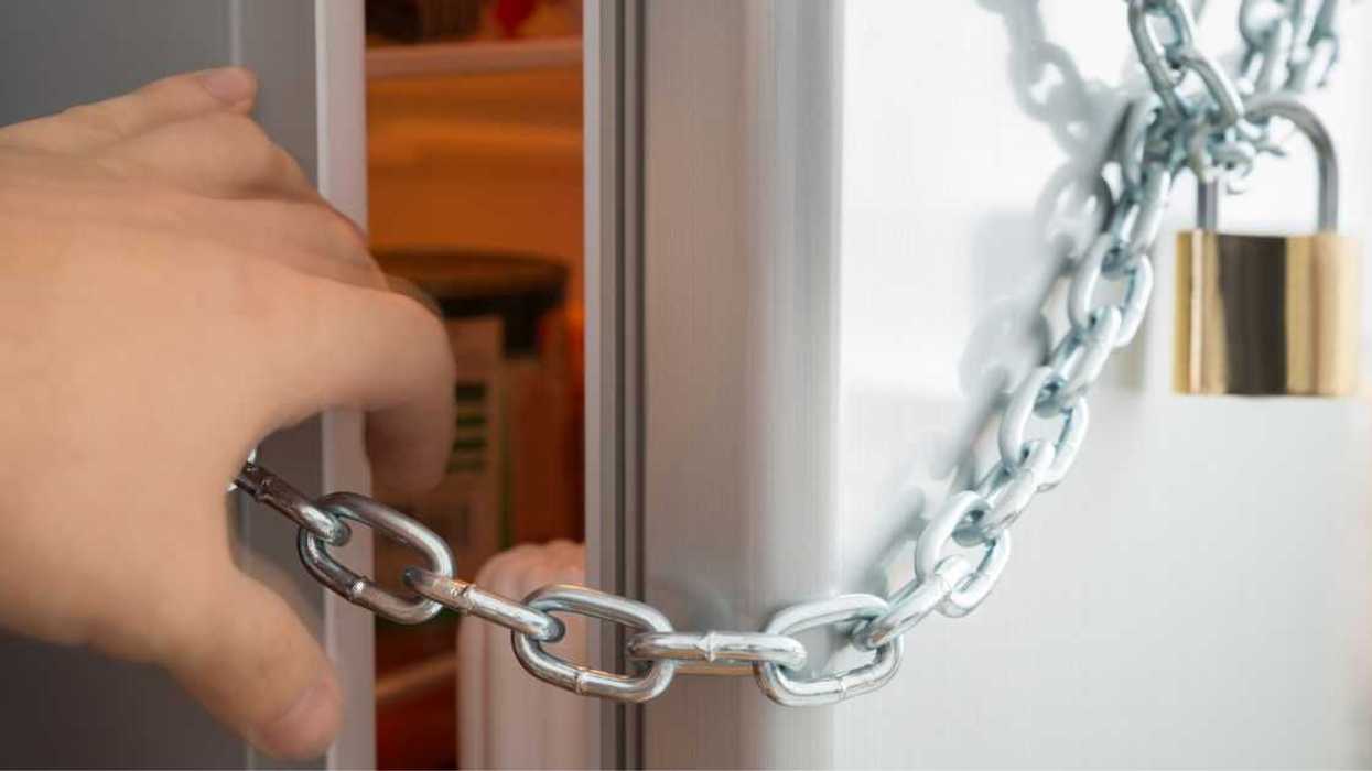 Close-up Of Person Trying To Open Fridge Locked With Chain And Padlock.