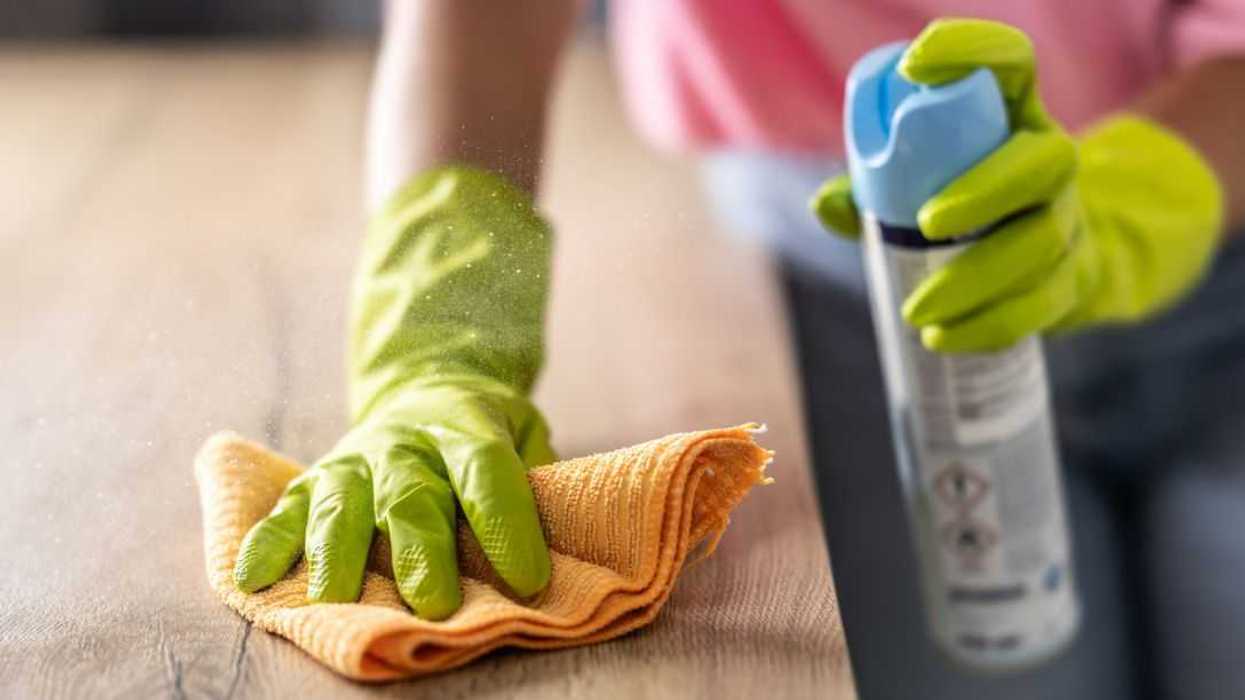 Close-up view of a cleaning lady's hand with a rag and disinfectant spray cleaning a wooden surface.