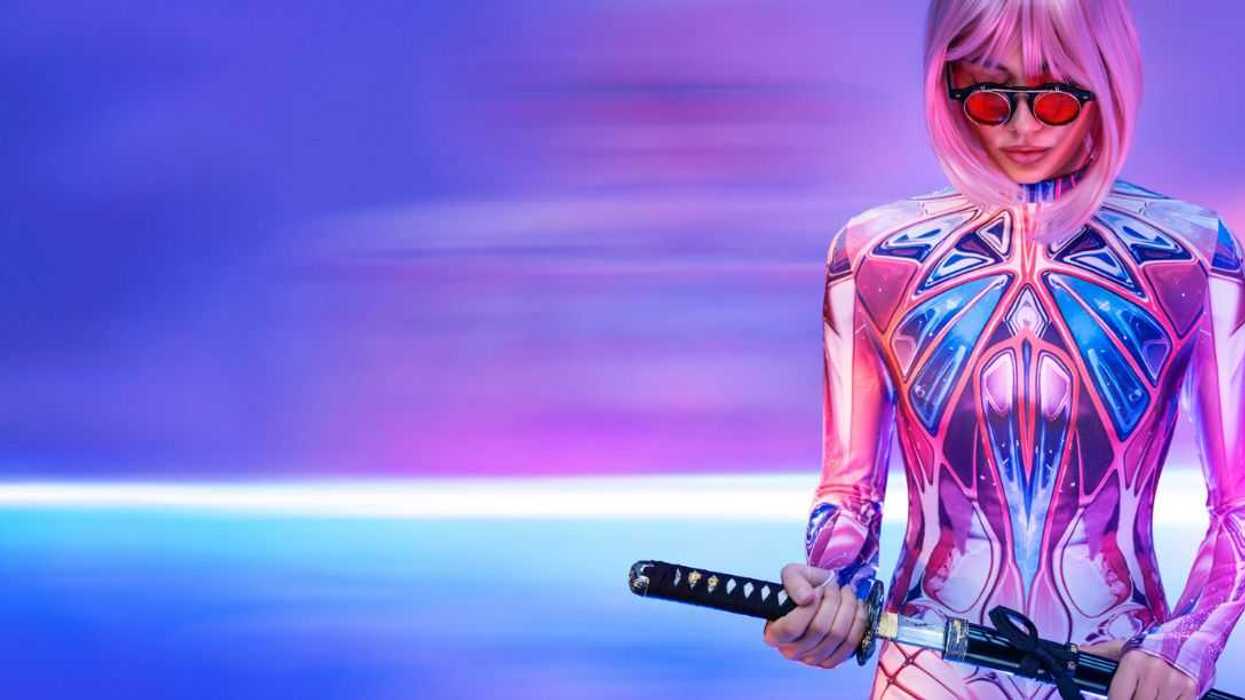 Cyberpunk woman in vibrant bodysuit and round glasses kneels in meditation pose with katana sword, surrounded by neon lighting.
