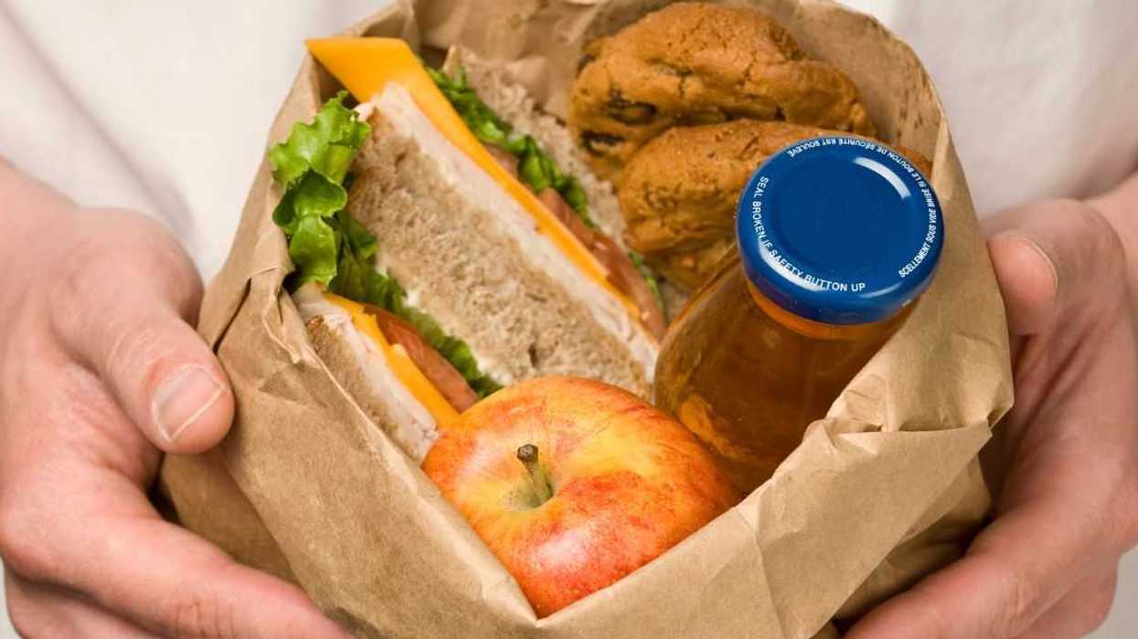 Hands holding a bagged lunch with a sandwich, apple, cookies and juice.