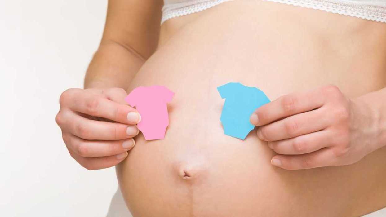 Hands holding paper shapes of pink and blue bodysuits on a young adult pregnant woman's naked belly.
