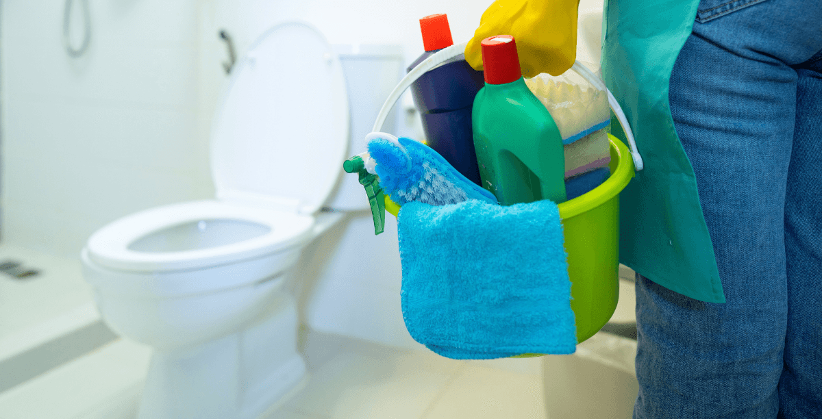 person going to clean toilet