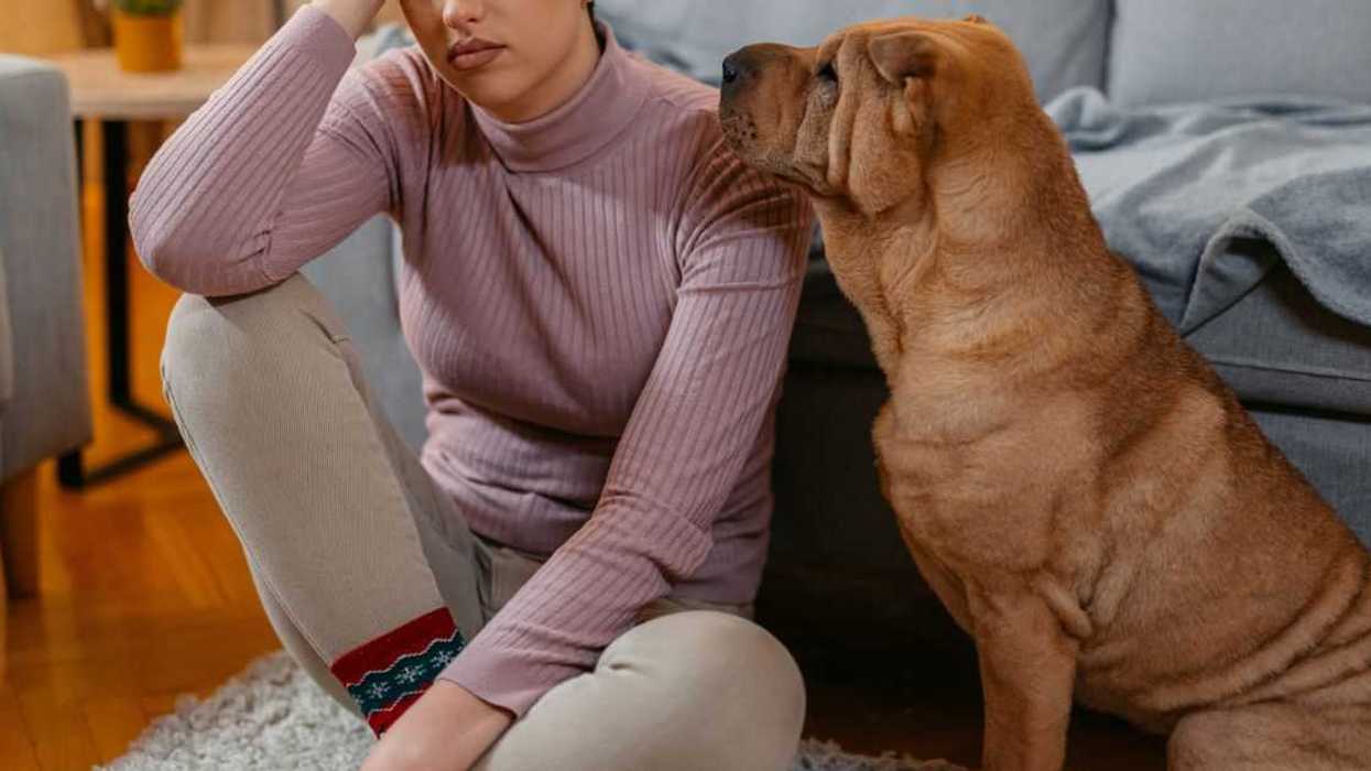 Sad young woman sitting on the floor with her shar-pei dog at home and sulking.