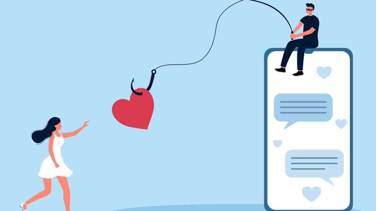 Scammer with phishing hooks on heart, fraud chatting on victim woman. Cyber crime, vector.