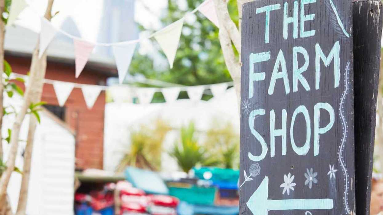 Shot of a a sign saying "The Farm Shop" with an arrow pointing towards the farm.
