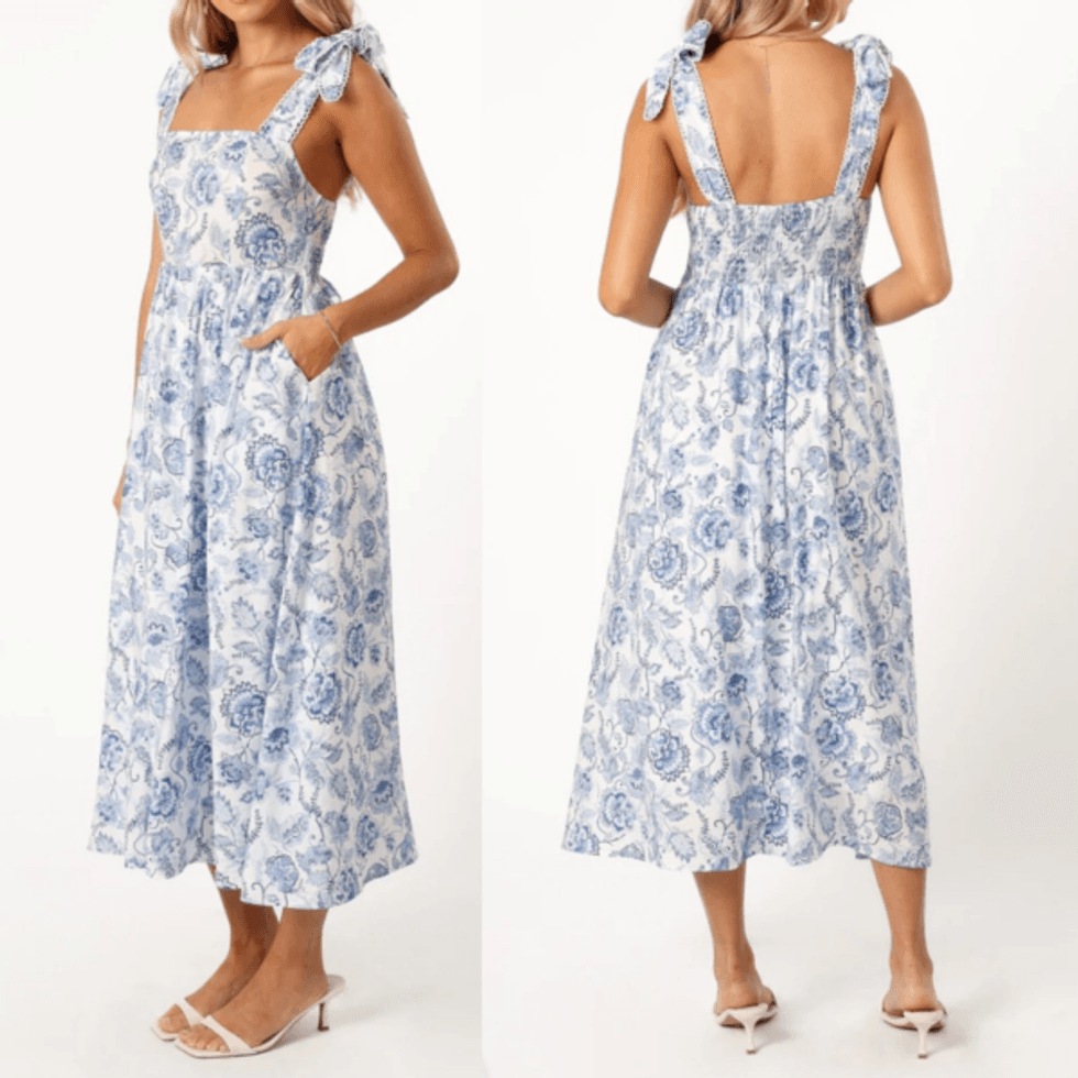 white midi sundress with blue flowers