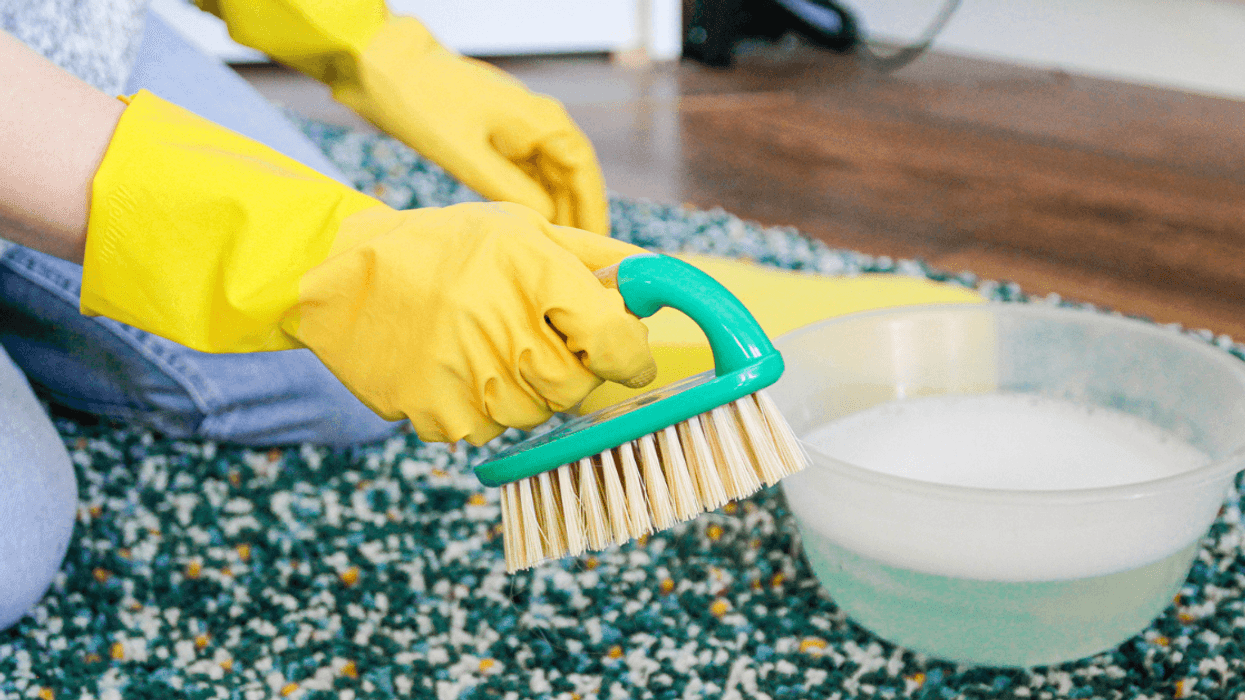 Woman cleaning rug