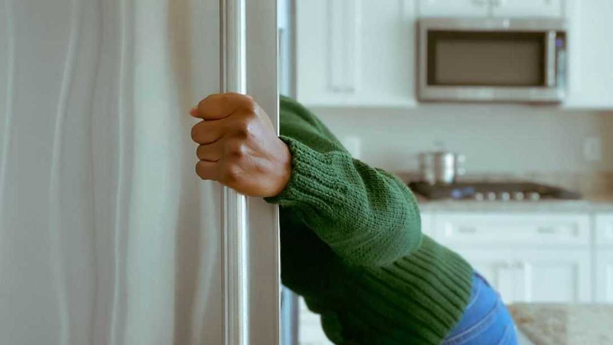 Woman Looks into Refrigerator for Healthy Snack.