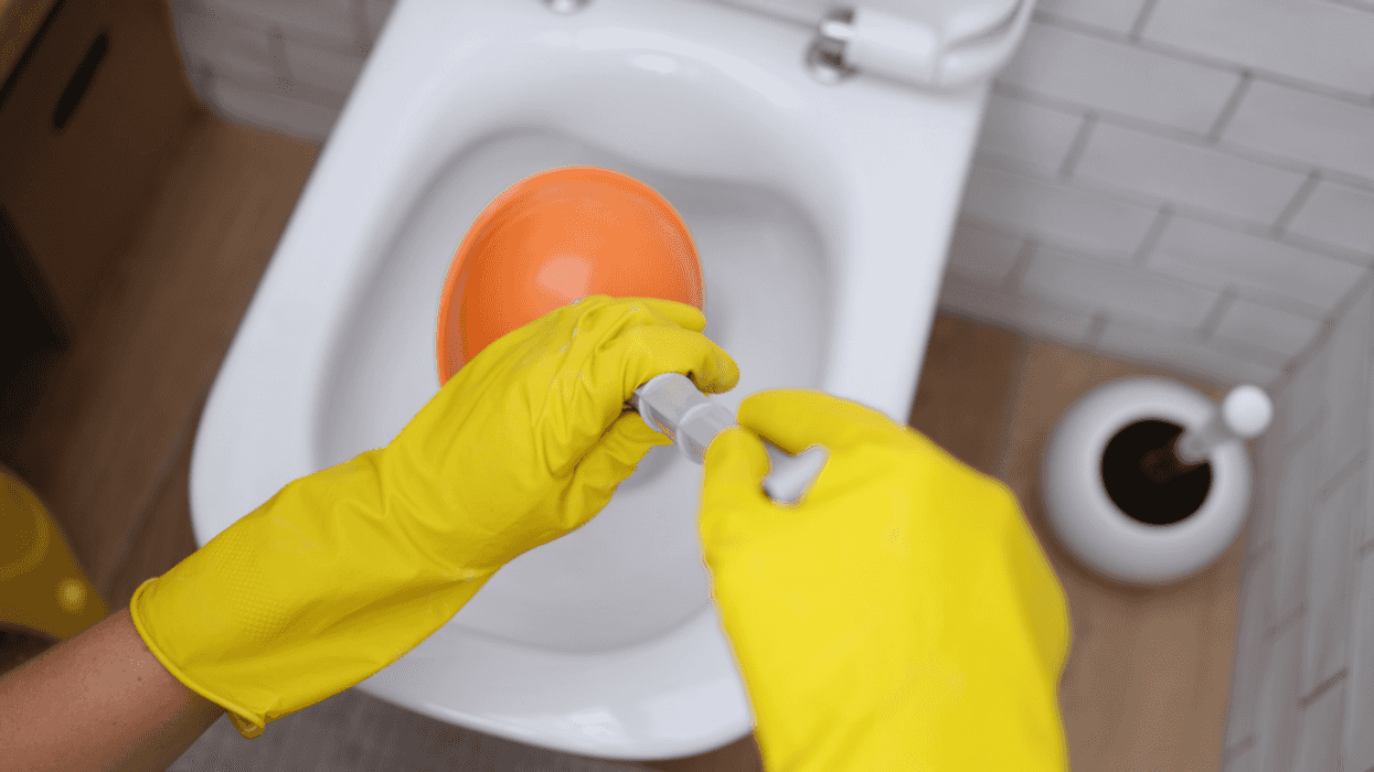 woman with plunger in toilet