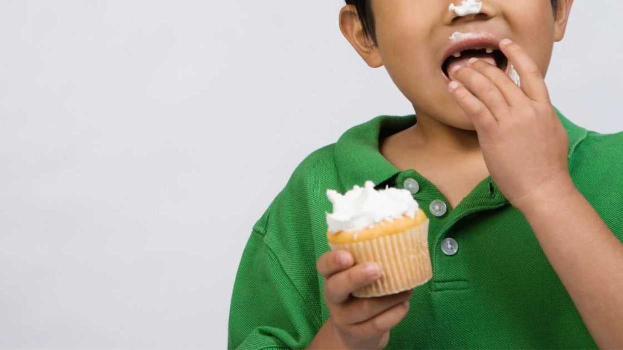 Young boy eating a cupcake.