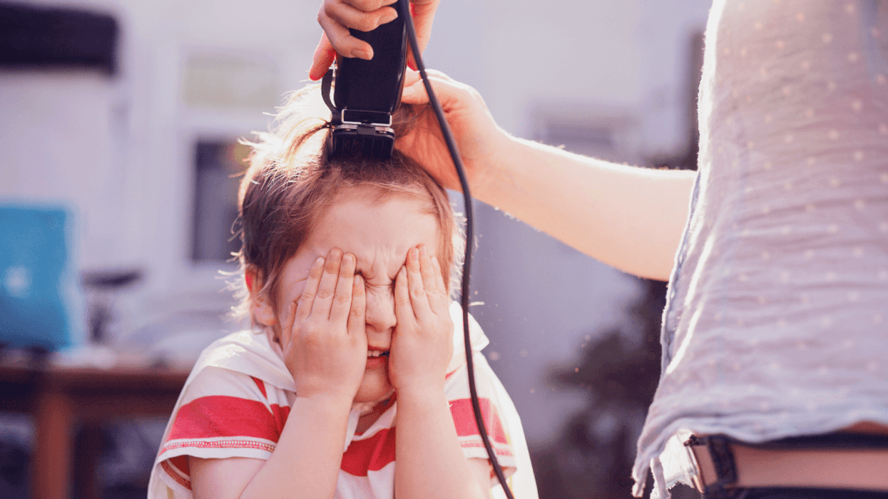 young boy getting head shaved