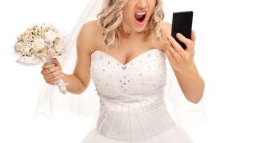 An angry bride looks into a phone