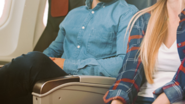 Two people sitting in a row on a plane