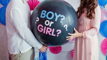 A man and woman hold a black balloon asking "Boy or Girl?"