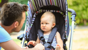 Baby crying in stroller at zoo