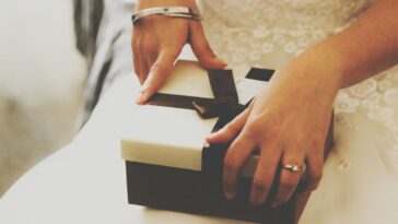 Midsection of a bride holding a gift