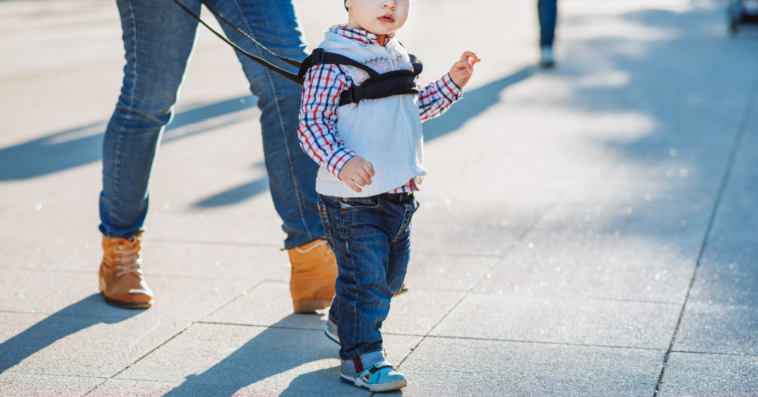 Adult walking with child, using a retractable leash