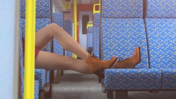 Woman laying her feet on empty train seats.