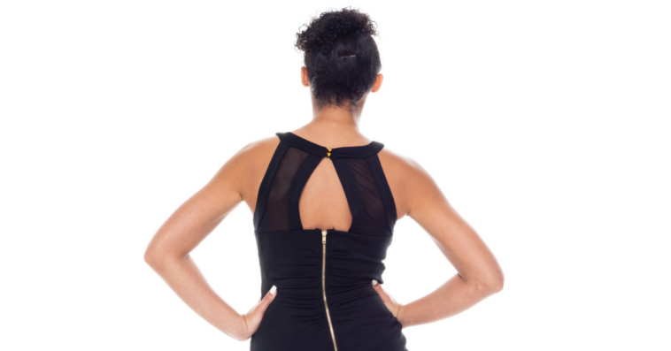 Woman wearing backless black dress