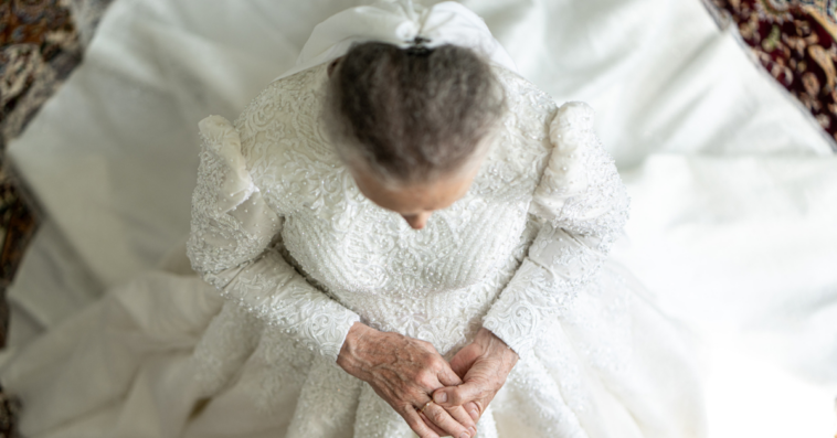 Older woman in wedding gown