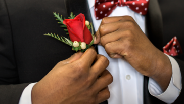 Black groomsman in suit and tie