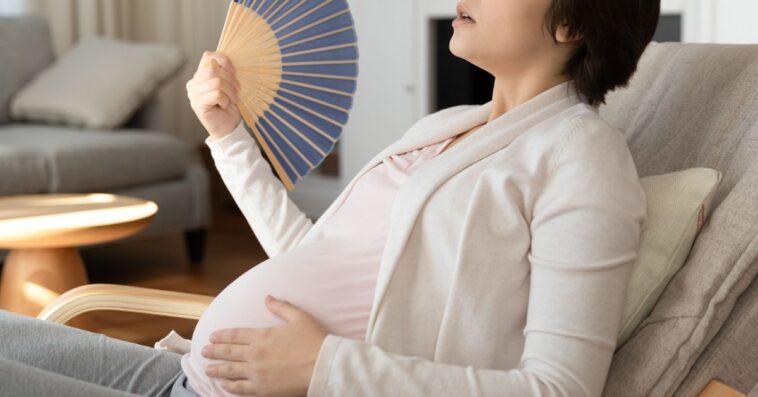 Tired pregnant woman uses a hand fan at home