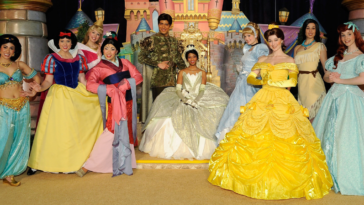 Princess Tiana's induction into Disney Princess Royal Court March 14, 2010 in NYC with (L-R) Jasmine, Snow White, Aurora, Mulan, Prince Naven, Cinderella, Belle, Pocahantas and Ariel