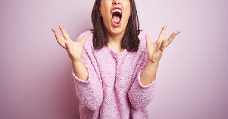 Young beautiful brunette woman wearing a sweater over pink isolated background mad yelling with aggressive expression and arms raised. Frustration concept.