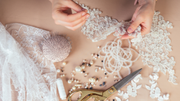 Person assembling a wedding dress