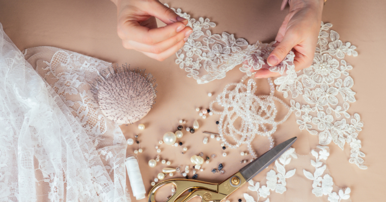 Person assembling a wedding dress