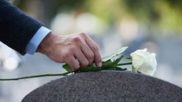 Cropped shot of a man placing a white rose on a grave
