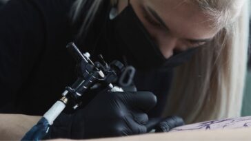 Close-up of female artist wearing mask tattooing on woman's thigh with tattoo machine