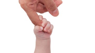 A child's hand holding an adult's index finger
