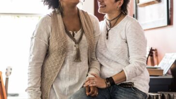 Portrait of lesbian couple at home laughing