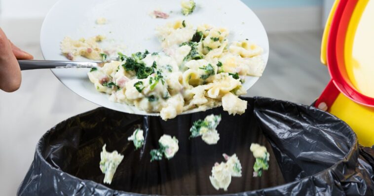 Close-up Of A Person Throwing The Leftover Pasta Into The Trash Bin