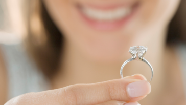 Woman holding an engagement ring.