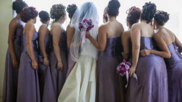 Group of bridesmaids wearings strapless dresses surrounding a bride.