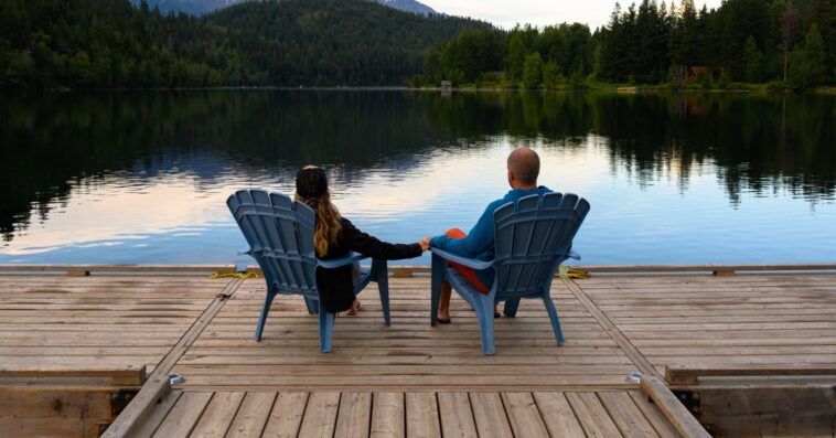 Rear view of couple relaxing on Adirondack chairs at lake. Male and female are spending leisure time together. They are on pier.