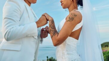 LGBTQIA couple celebrating their love with an elopement wedding in a beautiful setting.