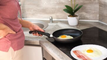 Young woman frying eggs and bacon for breakfast in the morning.